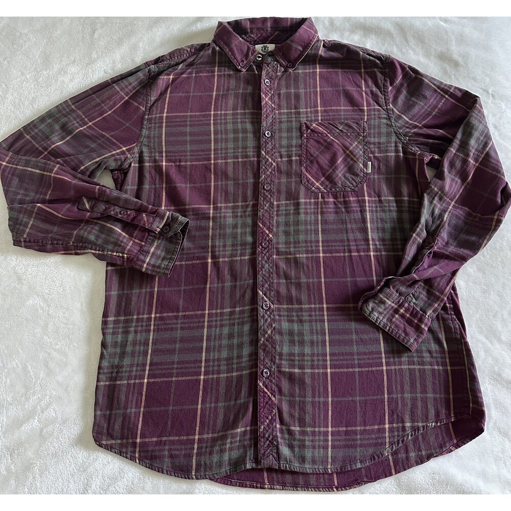 Element Mens Flannel Shirt Large Purple Green Plaid Long Sleeve 100% Cotton